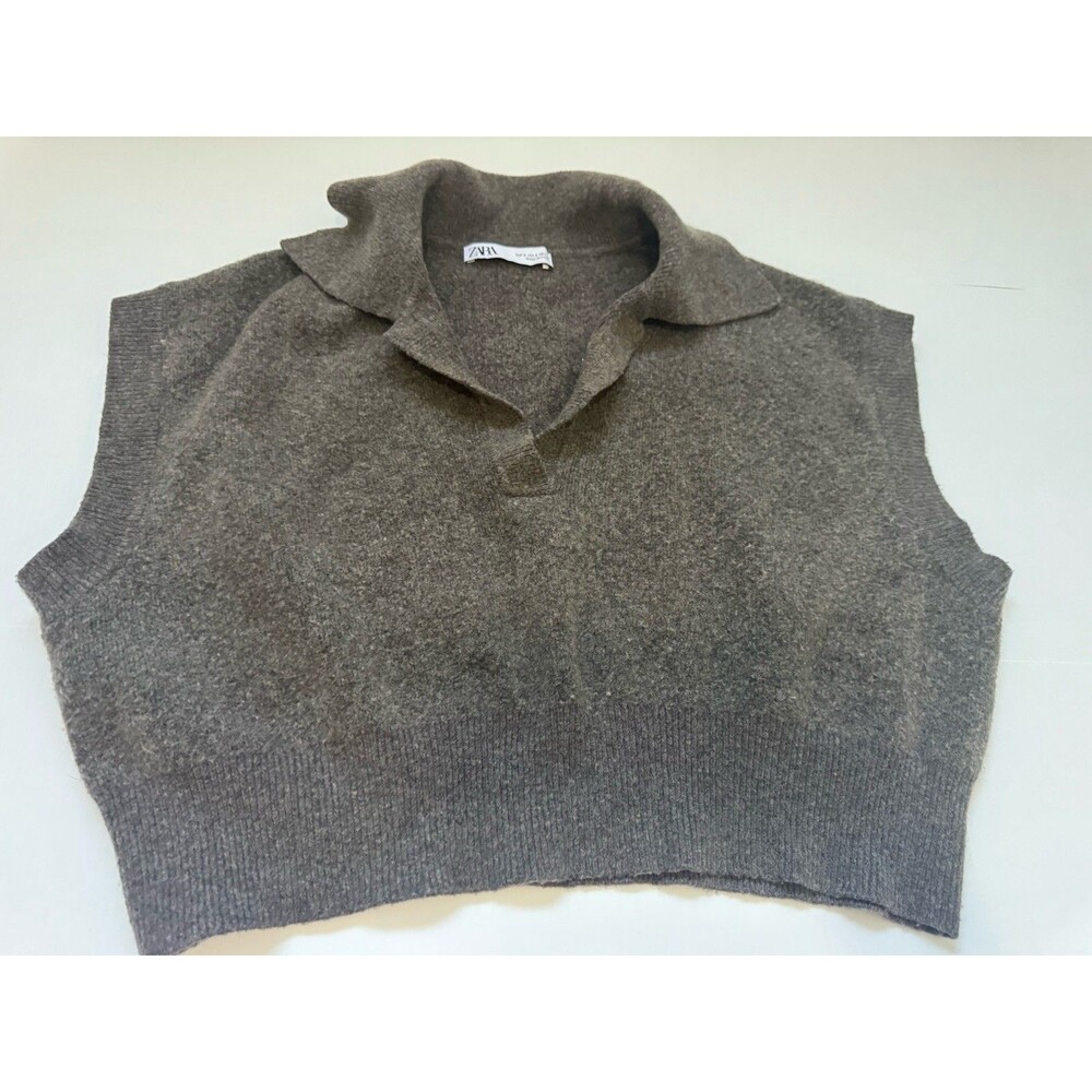 Zara Womens Size S Brown Heather Knit Sweater Vest Collared Sleeveless Pullover